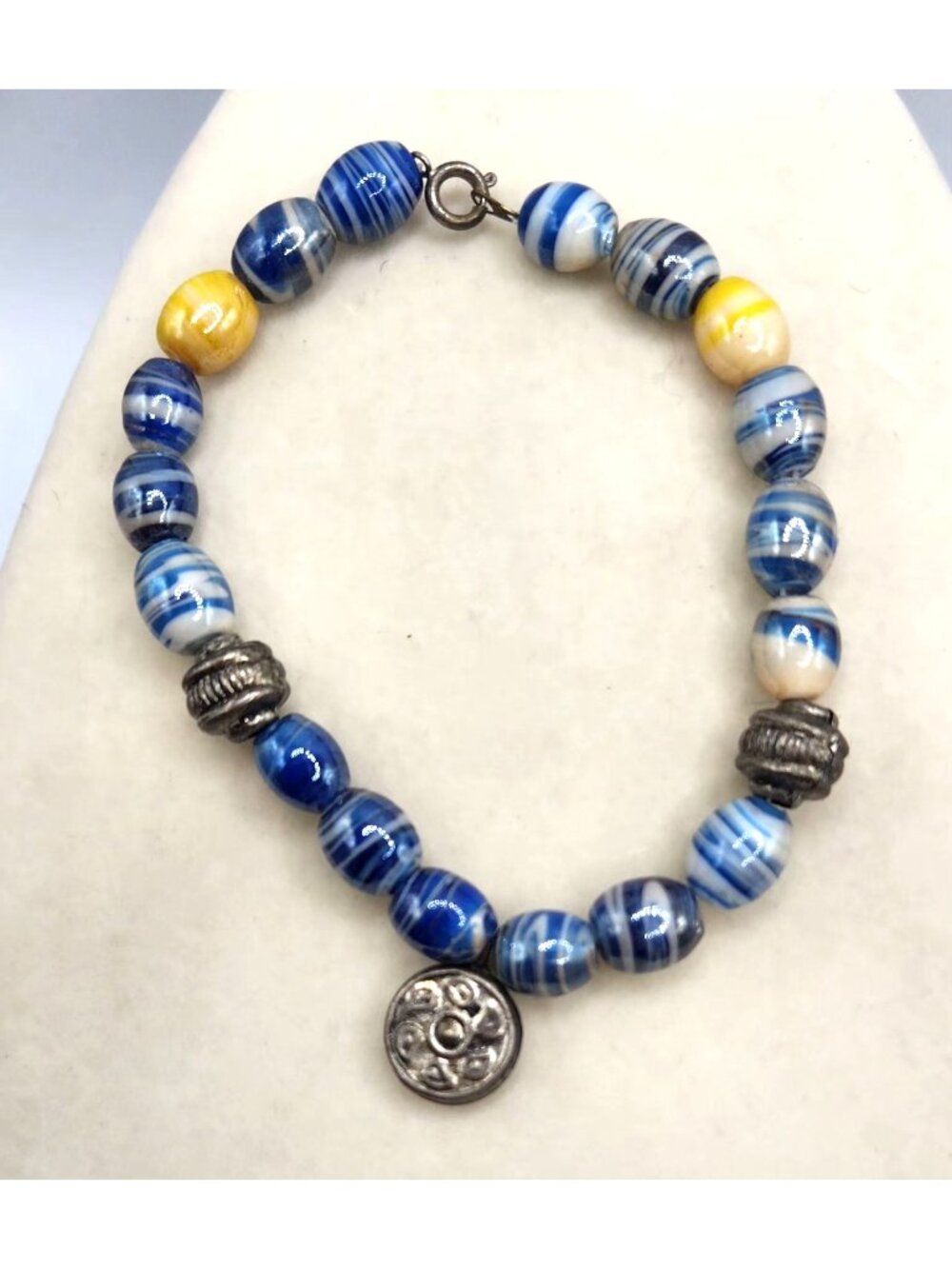 Glass Bead Bracelet With Blue Stripes Yellow Accents & Silver Charm Pendant